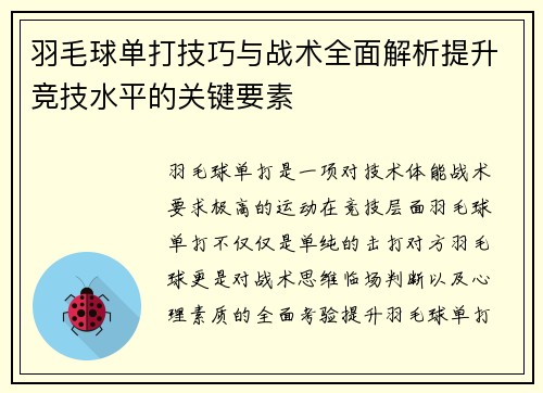 羽毛球单打技巧与战术全面解析提升竞技水平的关键要素