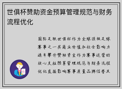 世俱杯赞助资金预算管理规范与财务流程优化