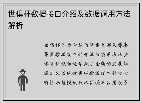 世俱杯数据接口介绍及数据调用方法解析